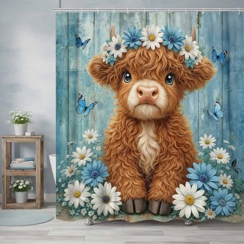 Cute Cow Shower Curtain, Farmhouse Rustic Blue Floral Daisy Highland Cow Shower Curtains for Bathroom, Calf Country Farm Animal Garden Plant Fabric Bathroom Decor with Hooks, 60x72 inch