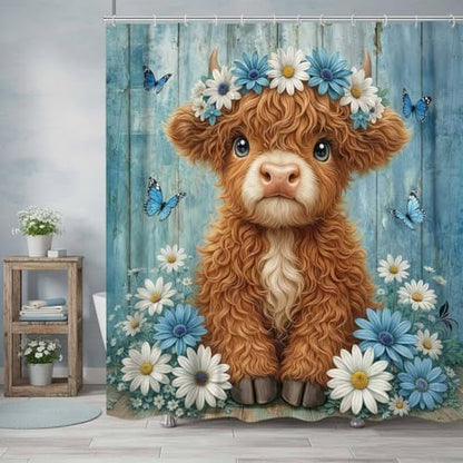 Cute Cow Shower Curtain, Farmhouse Rustic Blue Floral Daisy Highland Cow Shower Curtains for Bathroom, Calf Country Farm Animal Garden Plant Fabric Bathroom Decor with Hooks, 60x72 inch