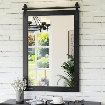 Farmhouse Mirror for Bathroom, 24"x36" Black Farmhouse Mirror with Rustic Wood Framed, Barn Door Vanity Mirrors for Wall, Vintage Decorative Mirrors for Entryway,Living Room,Bedroom