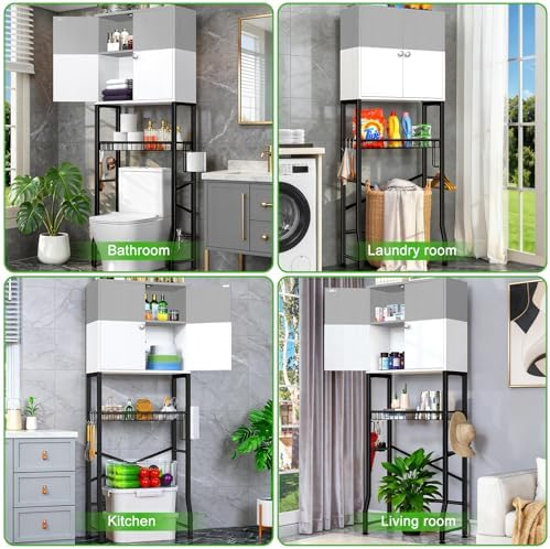 Over-The-Toilet Storage Rack, 4-Tier Bathroom Organizer Shelf Over Toilet with Barn Doors Cabinet and Basket, Freestanding Space Saver Bathroom Shelves with Paper Holder Above Toilet (Gray & White)