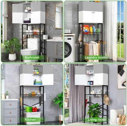 Over-The-Toilet Storage Rack, 4-Tier Bathroom Organizer Shelf Over Toilet with Barn Doors Cabinet and Basket, Freestanding Space Saver Bathroom Shelves with Paper Holder Above Toilet (Gray & White)