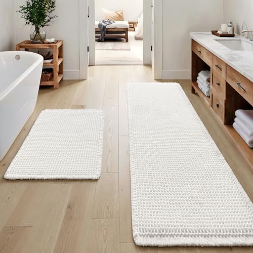 MIULEE Set of 2 Waffle Bathroom Rugs Boho Bath Mat White 17"x24"+20"x47"