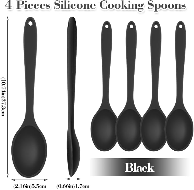 Silicone Spoons for Cooking, 4 Pcs Large Serving Spoons 10.8" Nonstick Heat Resistant Cooking Spoons Utensils Mixing Kitchen Spoon for Cooking, Baking, Serving, Mixing and Stirring, Black
