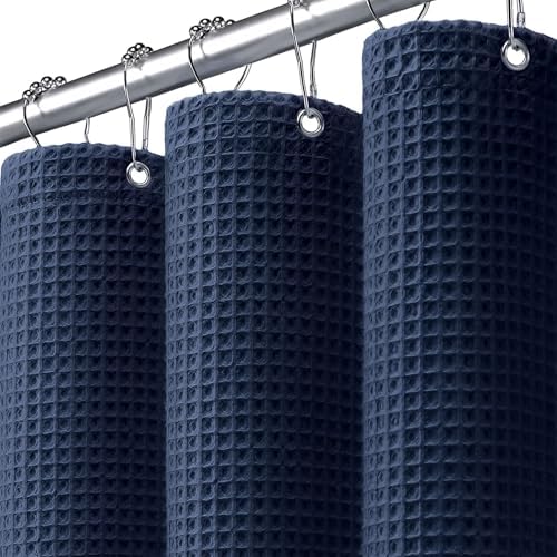 Long Waffle Shower Curtain Heavyweight Cotton Fabric Navy Blue 72Wx78L