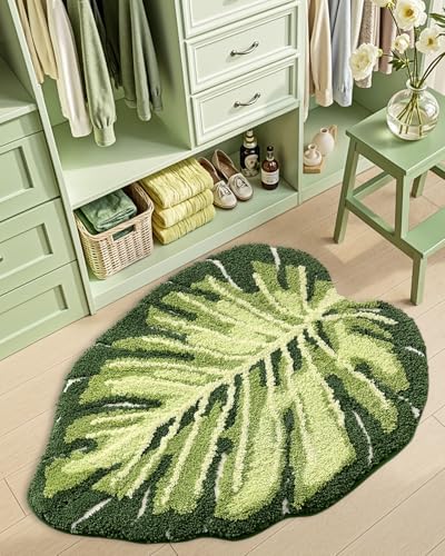 DEXI Cute Bath Mat, Green Leaf Monstera Bathroom Rugs 31.5x23.5