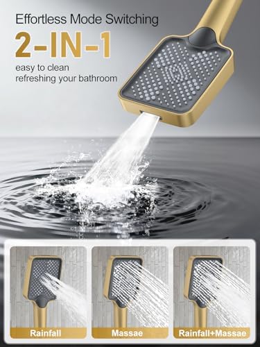 Woindo Shower Faucet Set, 10" Ceiling Mount Rainfall Shower System with 2 Rain Shower Head and Multi-function Handheld Head Push Button Diverter Shower Faucet Trim Kit
