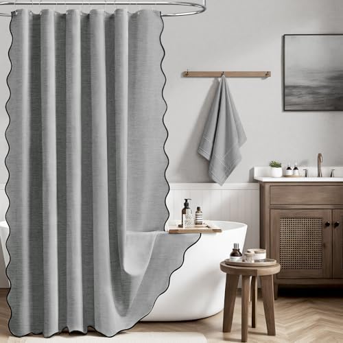 BTTN Grey Boho Scalloped Linen Textured Cloth Shower Curtain, 72x72, Gray