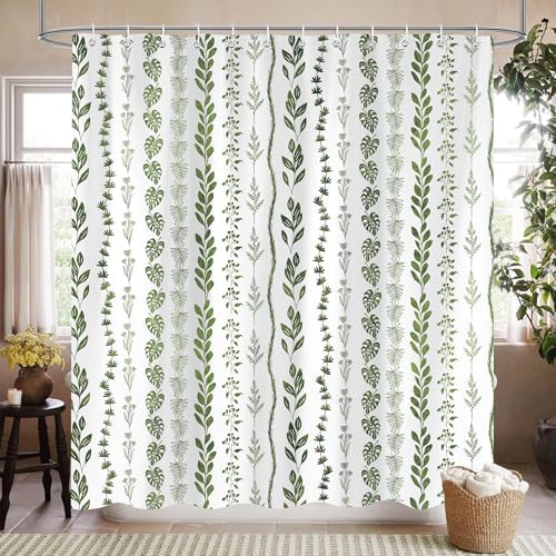 Boho Shower Curtain Waterproof Fabric Bath Curtain with Hooks 72x72 inch，Sage Green Modern Farmhouse Bathroom Decor