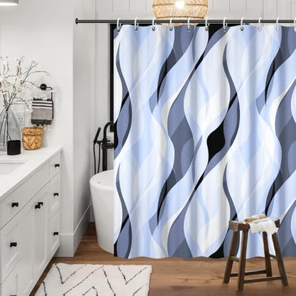 Sky Blue Striped Shower Curtain with Hooks for Bathroom 72x96 Inch