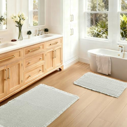 JIUZHEN Set of 2 Waffle Bathroom Rugs Boho Bath Mats 16"x24"+24"x36" Cream