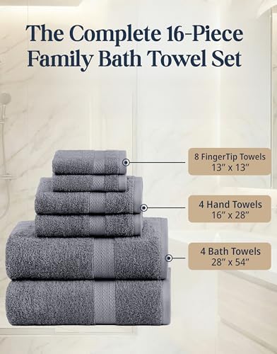 LANE LINEN Towel Set for Bathroom 16 Piece Soft Absorbent - Cool Grey