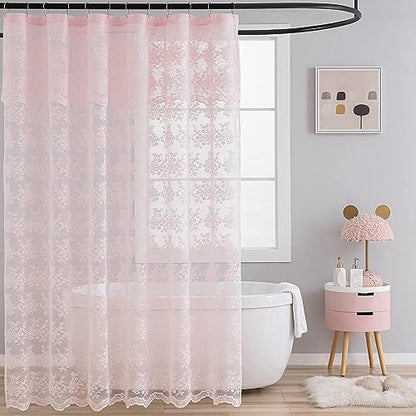 TUDECO Pink Lace Shower Curtain with Attached Valance, 72W x 84L Inch
