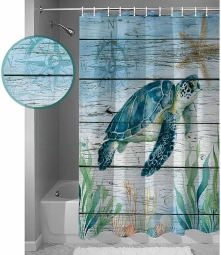 Shower Curtain Bathroom Set Sea Turtle Seagrass Starfish Waterproof Shower Curtains with Grommets Hooks Nautical Compass Blue Gradient Privacy Bath Curtain for Bathtub Decor 72x78in