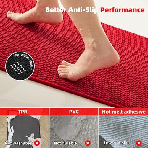 TYUU Christmas Bathroom Rugs Non Slip Washable, Super Absorbent Thin Bath Mat Quick Dry Low Pile Bathroom Rug, Red 20"x48"