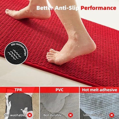 TYUU Christmas Bathroom Rugs Non Slip Washable, Super Absorbent Thin Bath Mat Quick Dry Low Pile Bathroom Rug, Red 20"x48"