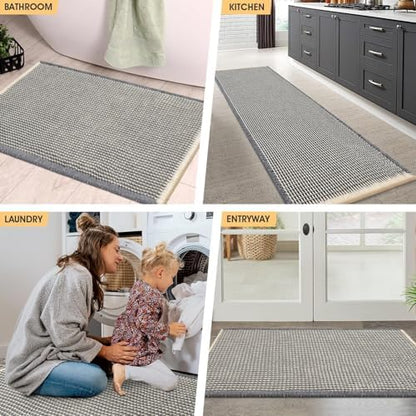 IM HOME Waffle Bath Mat Set 3 Piece Grey & Beige,Woven Modern Bath Rug Mats, Absorbent Non Slip Bath Floor Mat, Soft Washable Boho Bath Rugs with Tassels for Bathroom, Bedroom, Kitchen, Tub
