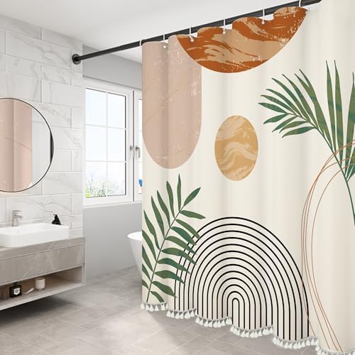 Boho Mid Century Leaf Shower Curtain Set,Arch Sun Design,Minimalistic Leaves Pattern,Waterproof and Luxurious Fabric-12 Hooks(Beige-72" x 72")