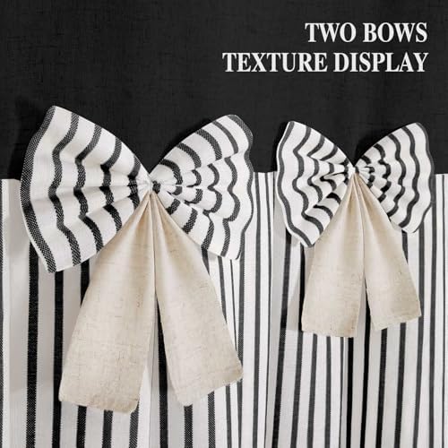 Farmhouse Shower Curtain Linen Bow Pleated Black Stripe 72"W x 78"L