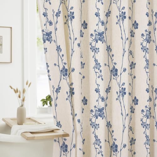Navy Blue Farmhouse Linen Shower Curtain, Boho Floral Fabric, 72 x 84