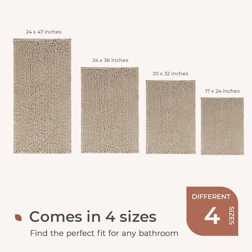 FRESHMINT Chenille Bath Rugs Extra Soft and Absorbent Microfiber Shag Rug, Non-Slip Runner Carpet for Tub Bathroom Shower Mat, Machine-Washable Durable Thick Area Rugs (Light Brown, 24" x 17")
