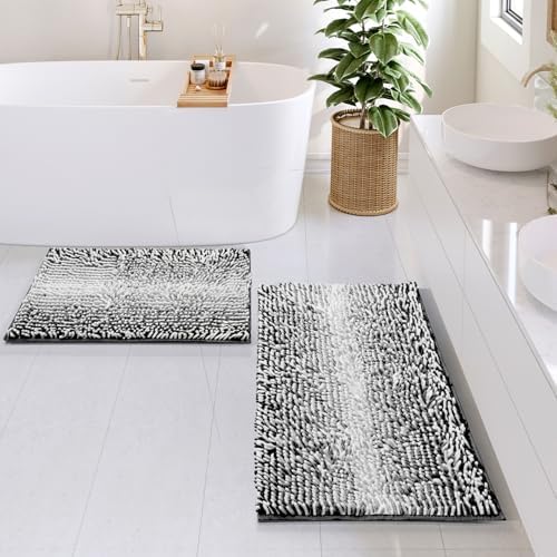Hearth & Harbor Bathroom Rugs, Chenille Bath Mat - Machine Washable Bath Mats for Bathroom Non-Slip Backing Rubber, Quick Dry Bathroom Mat, 17 x 24 + 20 x 32 - Ombre Black