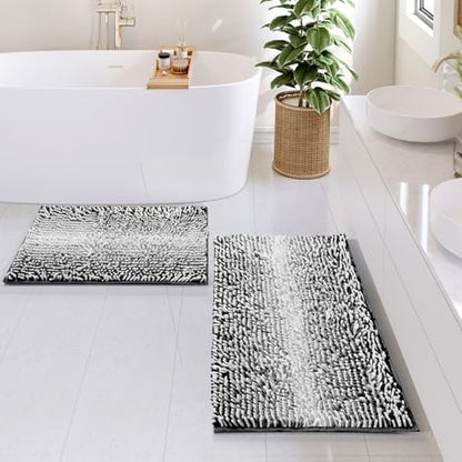 Hearth & Harbor Bathroom Rugs, Chenille Bath Mat - Machine Washable Bath Mats for Bathroom Non-Slip Backing Rubber, Quick Dry Bathroom Mat, 17 x 24 + 20 x 32 - Ombre Black