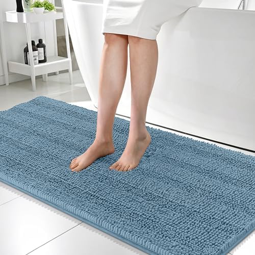 OLANLY Thick Bathroom Runner Rugs 59x24, Soft Chenille Bath Rugs, Airy Blue