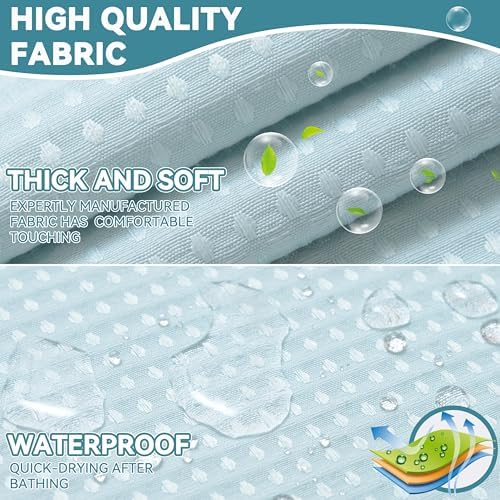 Conbo Mio Extra Long No Hook Waffle Weave Shower Curtain with Snap in Liner Set, Hotel Luxury Blue Shower Curtains for Bathroom with See Through Top Window, Waterproof, Washable 71W x 84H