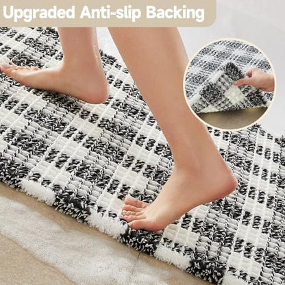 TYUU Waffle Runner Rug Bathroom, Long Boho Bath Mat, 60x24 Black & White