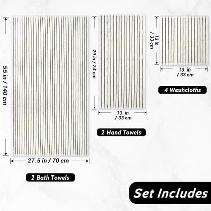 8 Piece Black and Ivory Towel Set, Super Soft & Absorbent Cotton Striped