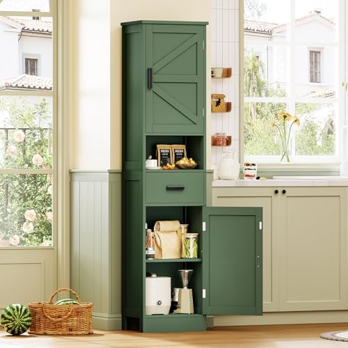 TEENFON 67" H Tall Bathroom Storage Cabinet with Barn Doors and Drawer