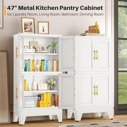 winiowa 47" Tall Kitchen Pantry Cabinet, Metal Storage Cabinet with Doors and Adjustable Shelves, White Freestanding Pantry Cabinet for Kitchen, Dining Room, Living Room, Laundry Room, Bathroom