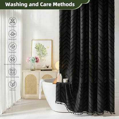 Siiluminisoy Stall Boho Shower Curtain Black Tassel Woven Fabric Shower Curtain 54 x 72 Modern Farmhouse Textured Tufted Chevron Striped Minimalist Bathroom Shower Curtain