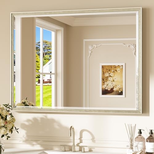 Keonjinn 40" x 30" Brushed Nickel Bathroom Vanity Mirror, HD Tempered Glass