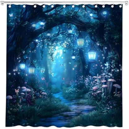 Fantasy Forest Path Shower Curtain Blue Fairy Magical Enchanted Misty Jungle Mushroom Floral Tree Butterfly Lantern Wonderland Bath Curtain Fabric Bathroom Accessories Decor with Hooks 84W x70L