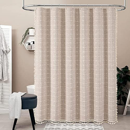 BTTN 72x78 Boho Farmhouse Linen Heavy Duty Shower Curtain Set, Tan/Taupe