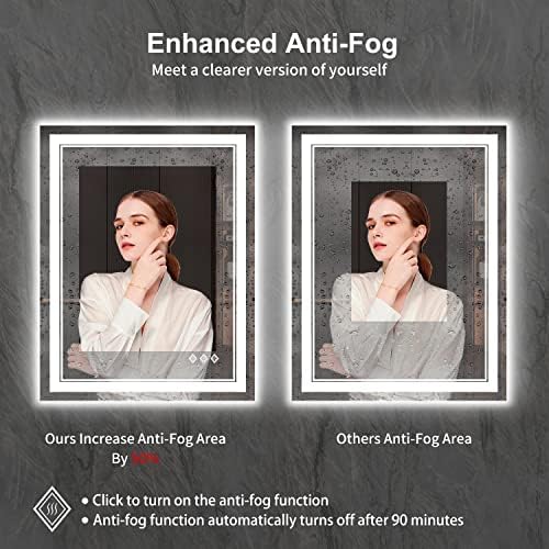 LED Mirror, 28x36 Inch Gradient Front and Backlight Lighted Mirror, 3 Colors Dimmable CRI>90 Double Lights, IP54 Enhanced Anti-Fog, Hanging Plates Wall Mount LED Bathroom Mirror