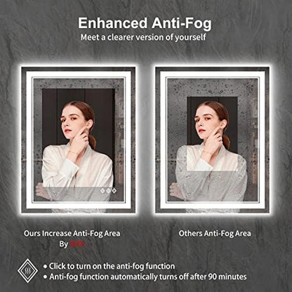 LED Mirror, 28x36 Inch Gradient Front and Backlight Lighted Mirror, 3 Colors Dimmable CRI>90 Double Lights, IP54 Enhanced Anti-Fog, Hanging Plates Wall Mount LED Bathroom Mirror