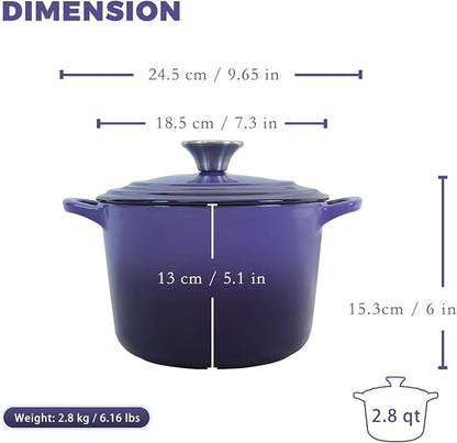 Flavehc Dutch Oven Pot with Lid 2.8 Qt Cast Iron Dutch Oven for Bread Baking, Purple Enameled Cast Iron Soup Pot, Small Deep Dutch Oven for Soup, Stews & Small Family Meals