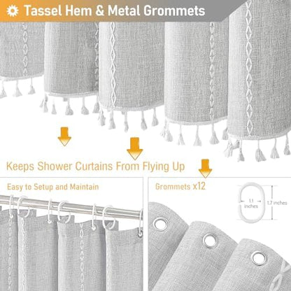 BTTN 72x96 Extra Long Boho Linen Heavy Duty Shower Curtain Set, Grey/Gray