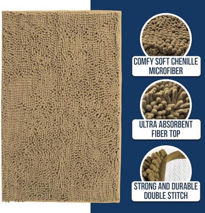 Muddy Mat Chenille Bathroom Rugs Quick Dry Microfiber Mats Non Slip Washable, Extra Thick, Soft and Highly Absorbent Bath Mats for Bathroom, Kitchen, and Shower Floor - Beige Medium 30"X19"