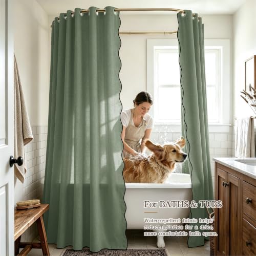 Furlinic Extra Wide No Hook Shower Curtain Scalloped Green Waterproof 96x75