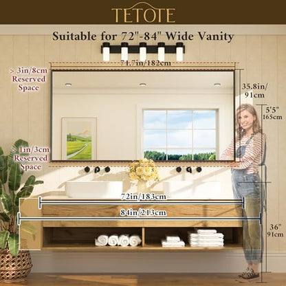 TETOTE Matte Black Beveled Framed Bathroom Mirror 72" x 36" Large Black Rectangle Metal Vanity Wall Mirror for Bathroom Sink, Modern Farmhouse, Tempered Glass, Shatterproof, Stronger Frame