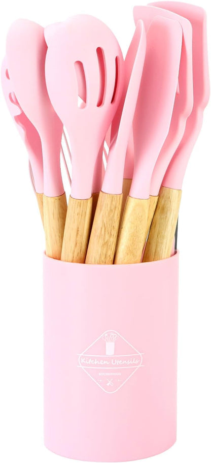 QWORK 12-Piece Pink Kitchen Tool Set - Includes Silicone Cooking Utensils, Whisk and Ladle, Tool Crock