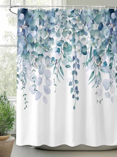 Shower Curtain Bathroom Set Country Eucalyptus Leaves Waterproof Shower Curtains with Grommets Hooks Watercolor Teal Green Leaf Privacy Bath Curtain for Bathtub Decor 72x78in