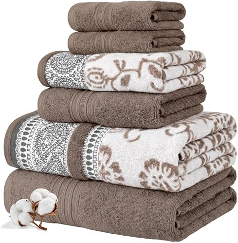 Modern Threads 6 Piece Bath Towel Set – Bathroom Set with 2 Bath Towels, 2 Hand Towels, and 2 Wash Cloths – 100% Cotton, Super Absorbent & Extra Soft – Reversible Floral Trail (Taupe Brown)