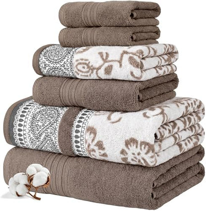 Modern Threads 6 Piece Bath Towel Set – Bathroom Set with 2 Bath Towels, 2 Hand Towels, and 2 Wash Cloths – 100% Cotton, Super Absorbent & Extra Soft – Reversible Floral Trail (Taupe Brown)