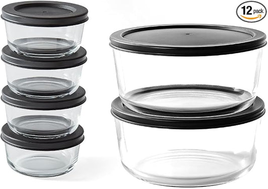 12-Piece Glass Food Storage Containers Set (6 Containers + 6 BPA-Free Lids) | 1-Cup & 6.5-Cup, Leakproof | Microwave, Freezer, Oven & Dishwasher Safe | Ideal for Meal Prep & Pantry Organization, Black