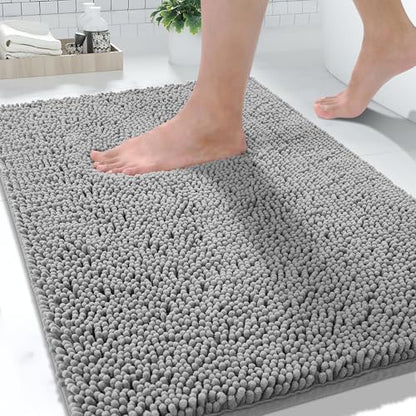 Yimobra Washable Bathroom Rugs, Super Soft & Absorbent Chenille Bath Mat for Floor & Carpet, Quick Dry Non Slip Bath Mat for Tub Shower, 32"x20",Gray