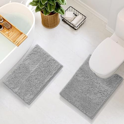 Hearth & Harbor Bathroom Rugs, Chenille Bath Mat - Machine Washable Bath Mats for Bathroom Non-Slip Backing Rubber, Quick Dry Bathroom Mat - Silver 17x24-20x24